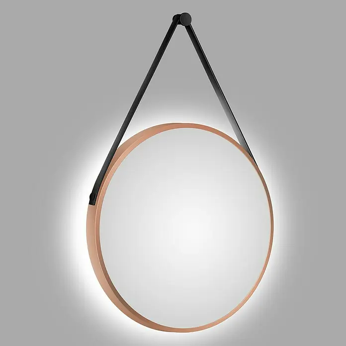 DSK Lichtspiegel Silver Barbier - Durchmesser: 50 cm, Kupfer, Leuchtmittel - Runder Spiegel mit Kupferrahmen und schwarzem Aufhänger. Das LED-Licht am Spiegelrand sorgt für eine stimmungsvolle Beleuchtung.