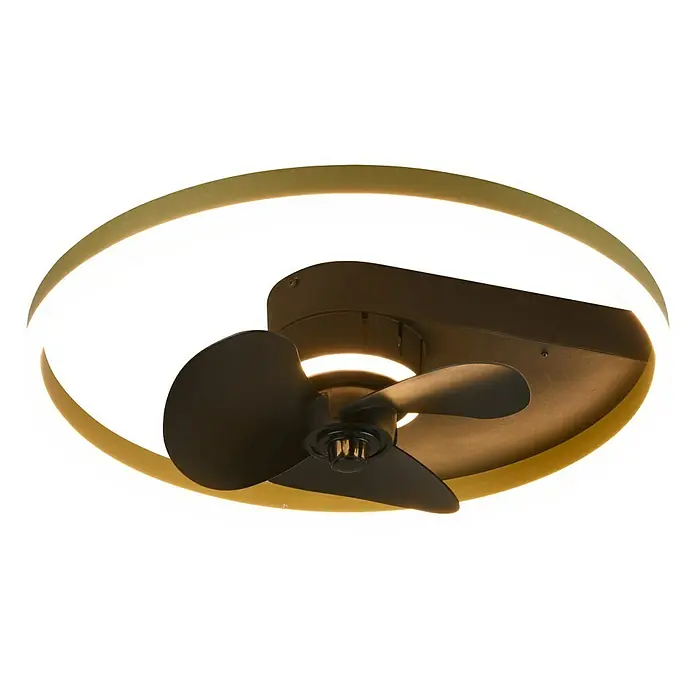 Trio Lighting Ventilador de techo Borgholm - Negro, 50 cm, 30 W, Blanco cálido - Lámpara de techo moderna con ventilador y anillo dorado. Perfecta para interiores elegantes y proporciona una refrigeración agradable.