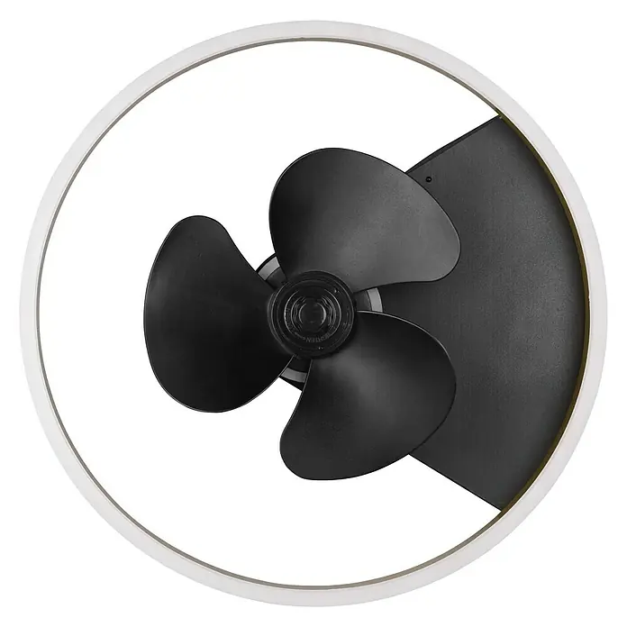 Trio Lighting Ventilador de techo Borgholm - Negro, 50 cm, 30 W, Blanco cálido - Primer plano de un moderno ventilador de techo con luces LED, ideal para una iluminación elegante de la habitación.