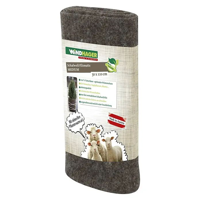 Windhager Kälteschutz Schafwoll-Filzmatte - L x B: 1,2 x 0,3 m, Braun - Abbildung einer Windhager Schafwoll-Filzmatte Medium (30 x 120 cm) zum Schutz von Pflanzen im Winter.
