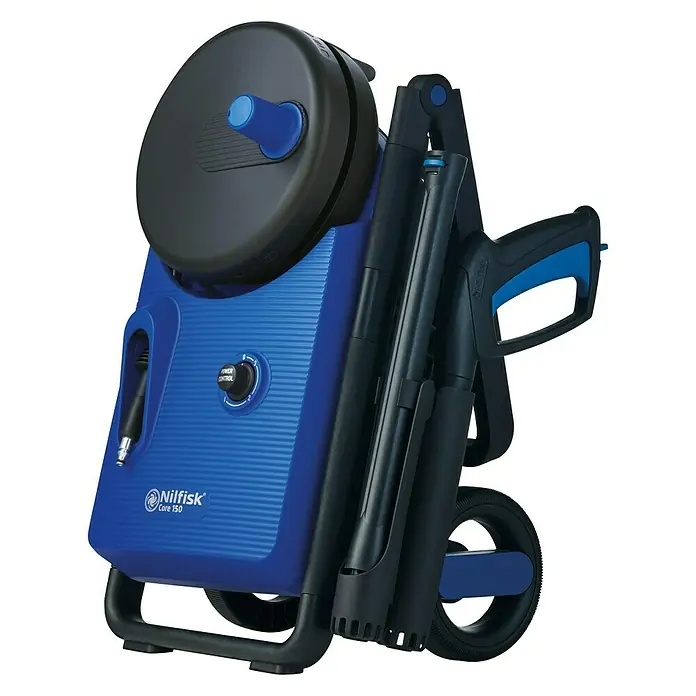 Nilfisk Hidrolimpiadora de alta presión CORE 150 PC - 150 bar, 2.000 W, Capacidad de bombeo: 468 l/h - Imagen de la hidrolimpiadora azul Nilfisk Core 150, con carrete de manguera y accesorios para una limpieza fácil.