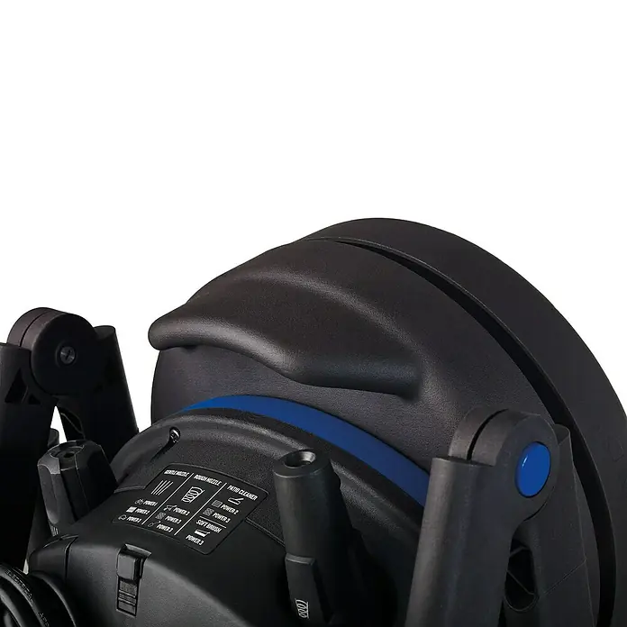 Nilfisk Hidrolimpiadora de alta presión CORE 150 PC - 150 bar, 2.000 W, Capacidad de bombeo: 468 l/h - Primer plano de un dispositivo de limpieza negro con detalles azules, que muestra una variedad de boquillas y selecciones de nivel de potencia.