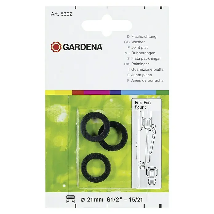 Gardena Gummi-Flachdichtung - 3 Stk., Passend für: Gardena System Hahnstück, Art.-Nr. 18200 and 18240, Impulsgießstab, Art.-Nr. 949, Düngegießstab, Art.-Nr. 1149 - Gardena Flachdichtungen: Set mit 3 Gummidichtungen, Ø 21 mm, passend für G1/2" Gewinde, ideal für Gartenschläuche und Bewässerungssysteme.
