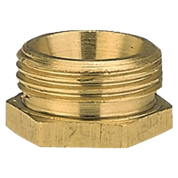 Gardena Reduzierstück - Außengewinde: 26,5 mm (G 3/4“), Messing - Nahaufnahme eines goldenen Reduzierstücks aus Messing, das für Sanitäranwendungen oder Rohrverbindungen verwendet wird. Es besteht aus massivem Messing für Haltbarkeit.