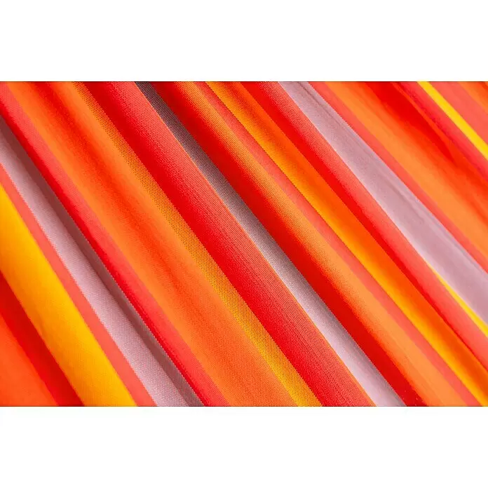 La Siesta Hängematte Brisa - L x B: 300 x 140 cm, Toucan - Lebendiger, diagonal gestreifter Stoff in Rot-, Orange-, Gelb- und Hellgrautönen.