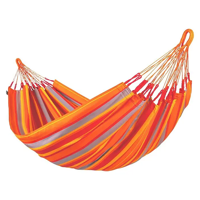 La Siesta Hängematte Brisa - L x B: 300 x 140 cm, Toucan - Gestreifte Hängematte in Orange- und Grautönen mit Hängeschnüren, ideal zum Entspannen im Garten oder auf der Terrasse.