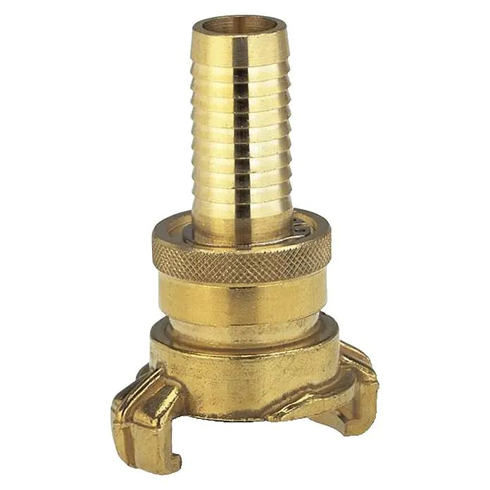 Gardena Schlauchkupplung - Messing, Passend für: 32 mm (1 1/4“)-Saug- und Hochdruckschläuche - Detailaufnahme eines goldenen Schlauchverbinders.