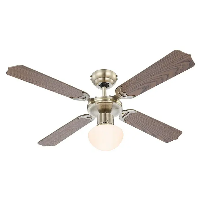 Voltomat Deckenventilator - Braun, 106,6 cm, 60 W - Deckenventilator mit vier Holzflügeln und einer runden Lampe in der Mitte. Das Metallteil des Ventilators ist in einem goldenen Farbton gehalten.