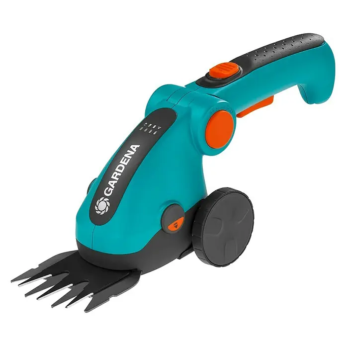Gardena Ersatzräder - Passend für: Gardena Akku-Gras- & Strauchschere - Das Bild zeigt eine Gardena Akku-Grasschere mit Rädern und einem ergonomischen Griff, ideal für präzise Rasenkanten.