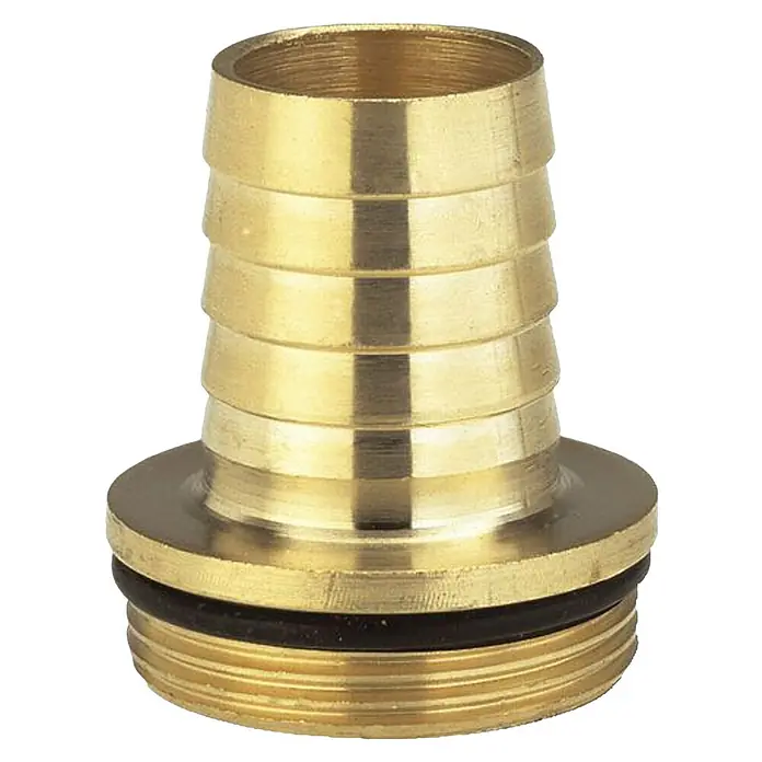 Gardena Schlauchverbinder 1-teilig mit Bund und O-Ring - Messing,  47,9 mm (G 1 ½″) - Detailaufnahme eines goldenen Schlauchverbinders mit geripptem Anschlussstück und Gewinde für sichere Schlauchverbindungen.