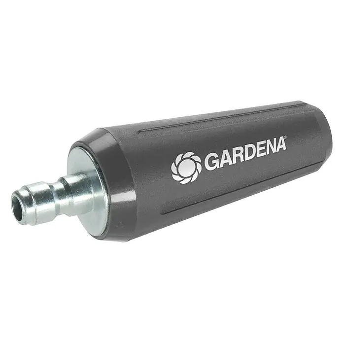 Gardena Rotationsdüse AquaClean - Passend für: Gardena Hochdruckreiniger AquaClean Li-40/6 - Nahaufnahme eines GARDENA-Schlauchstücks mit grauem Griff und Metallanschluss, ideal für die Gartenbewässerung und einfache Handhabung.