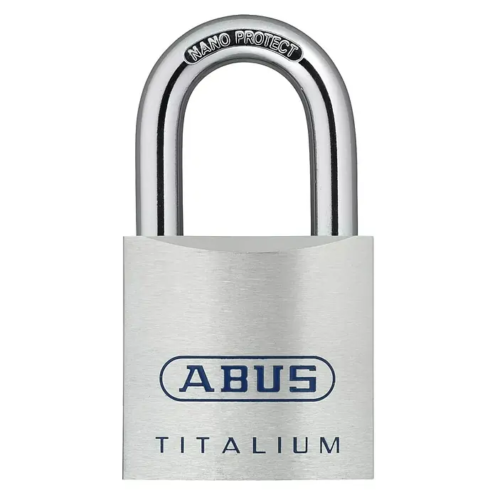 Abus Vorhängeschloss Titalium 80TI/50 Gleichschließend - B x H: 50 x 93 mm, Bügelstärke: 10 mm, Material Bügel: Gehärteter Spezialstahl - Das Bild zeigt ein ABUS TITALIUM Vorhängeschloss mit NANO PROTECT Bügel. Es ist silbern und robust.