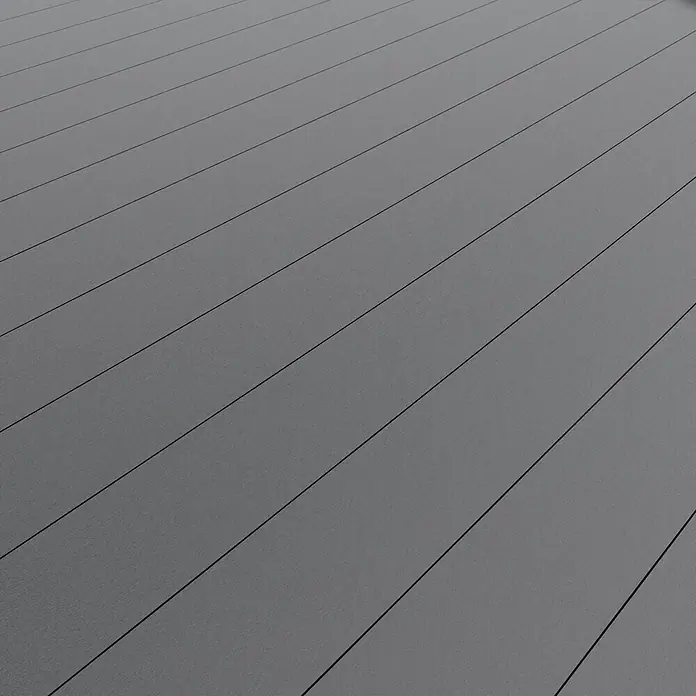 WPC-Terrassendiele300 x 19 x 1,6 cm, Grau - Detaillierte Ansicht eines modernen, grauen Terrassenbodens mit eleganten, schmalen Fugen, die ein sauberes und minimalistisches Design betonen.