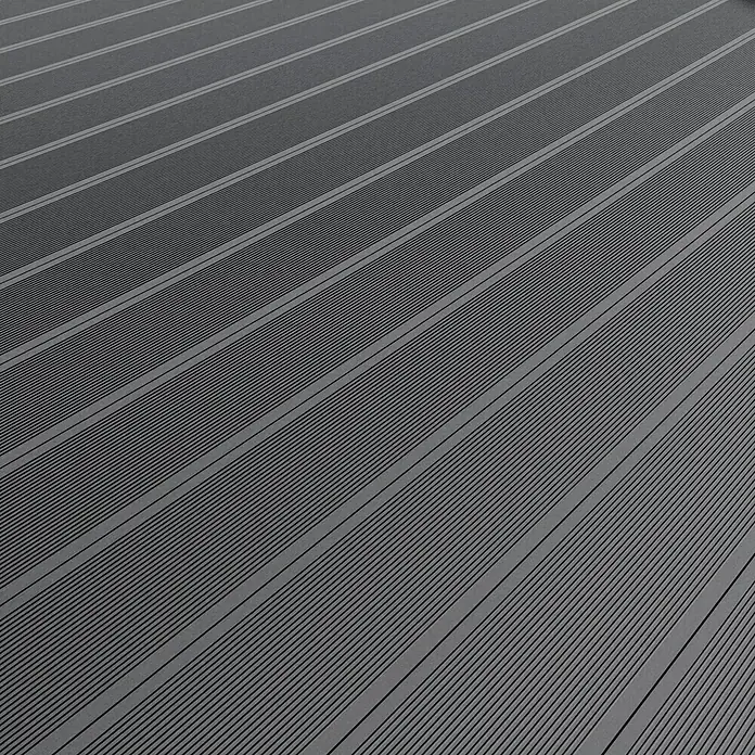 WPC-Terrassendiele300 x 19 x 1,6 cm, Grau - Das Bild zeigt eine Nahaufnahme von grauen Terrassendielen mit feinen Rillen, die parallel verlaufen und eine moderne Textur erzeugen.