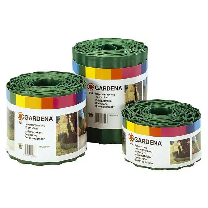 Gardena Beeteinfassung - 9 m x 20 cm, Grün - Drei Rollen Gardena Rasenkanten, verschiedene Größen, für eine saubere und gepflegte Rasenbegrenzung im Garten.