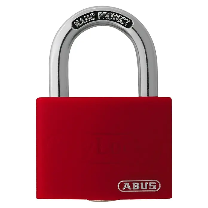 Abus Vorhängeschloss T65 AL - B x H: 43 x 62 mm, Bügelstärke: 6,5 mm, Aluminium, Rot - Nahaufnahme eines roten ABUS Vorhängeschlosses mit silbernem Bügel und der Aufschrift „NANO PROTECT“.