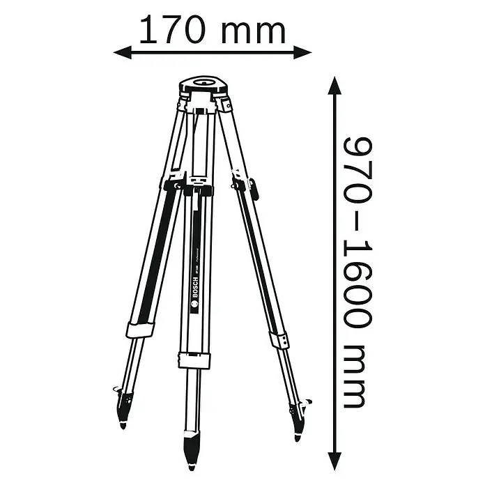 Bosch Professional Stativ BT 160 - Arbeitshöhe: 97 cm - 160 cm, Stativ-Gewinde: ⁵⁄₈″ - Skizze eines Bosch BT 150 Professional Stativs mit Größenangaben. Robuste Bauweise und verstellbare Höhe für vielseitige Anwendungen.