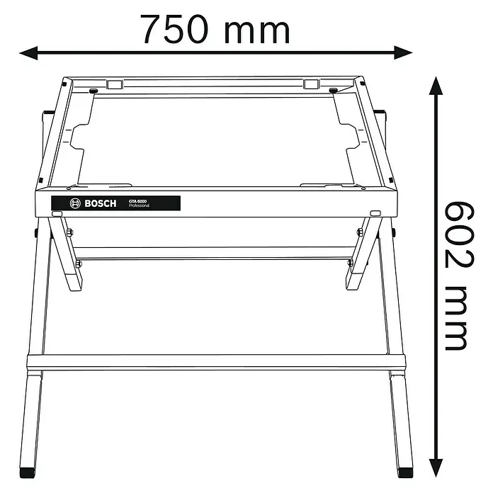 Bosch Professional Untergestell GTA 6000 - Arbeitshöhe: 60,2 cm, Passend für: GTS 10 XC Professional Tischkreissäge - Abbildung eines Bosch GTA 6000 Professional Arbeitstisches mit Maßangaben.