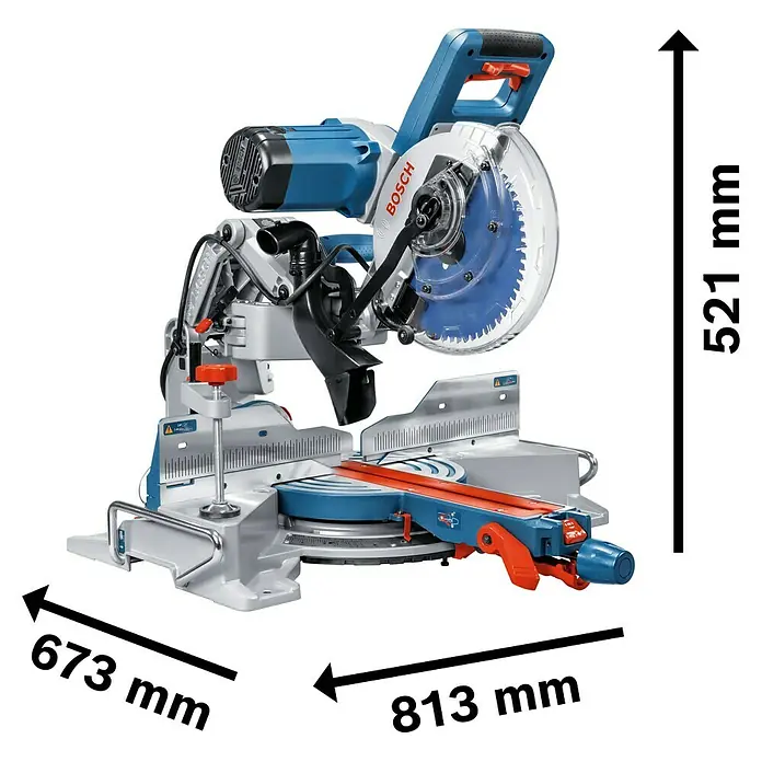 Bosch Professional Kapp- & Gehrungssäge GCM 10 GDJ - 2.000 W, Durchmesser Sägeblatt: 254 mm, Leerlaufdrehzahl: 5.000 U/min - Abbildung einer Bosch Kapp- und Gehrungssäge mit Maßangaben zur Veranschaulichung der Produktabmessungen und der Bauweise.