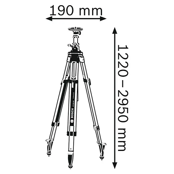 Bosch Professional Stativ BT 300 HD - Arbeitshöhe: 122 cm - 295 cm, Stativ-Gewinde: ⁵⁄₈″ - Illustration eines Bosch BT 300 HD Professional Stativs mit Maßangaben zu Breite und Höhe.