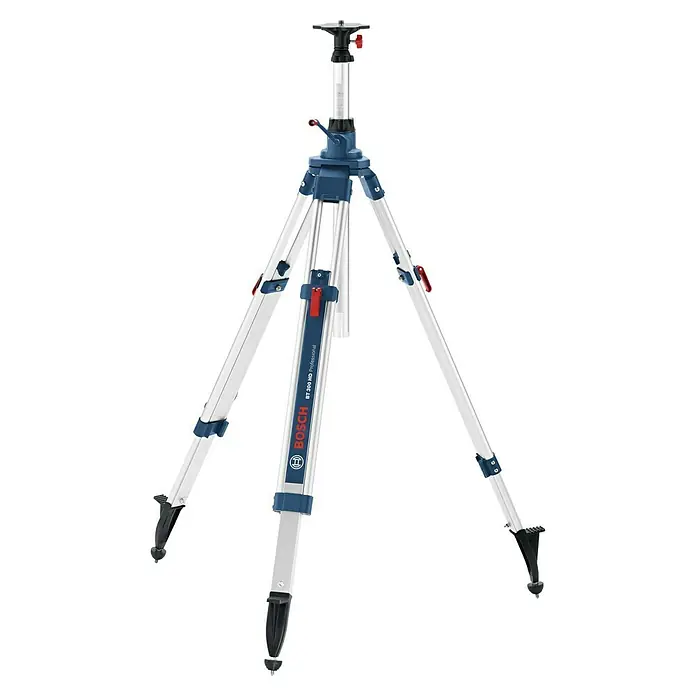 Bosch Professional Stativ BT 300 HD - Arbeitshöhe: 122 cm - 295 cm, Stativ-Gewinde: ⁵⁄₈″ - Das Bild zeigt ein Bosch BT 300 HD Professional Stativ. Das Stativ ist silbern, blau und rot und eignet sich für Bau- und Vermessungsarbeiten.