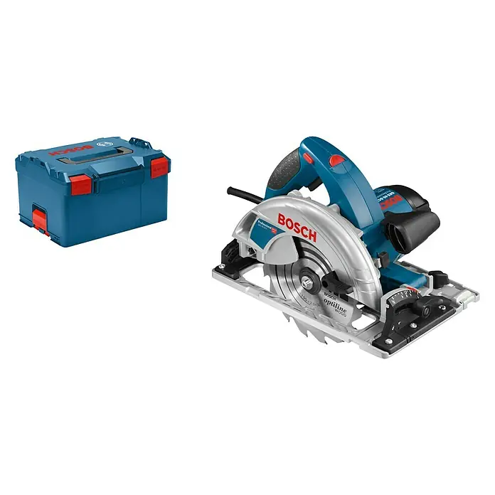 Bosch Professional Handkreissäge GKS 65 GCE - 1.800 W, Durchmesser Sägeblatt: 190 mm, Schnitttiefe bei 90 °: 65 mm - Bosch Kreissäge GKS 190 mit blauem Bosch Werkzeugkoffer. Ein leistungsstarkes Duo für präzise Schnitte und sicheren Transport.