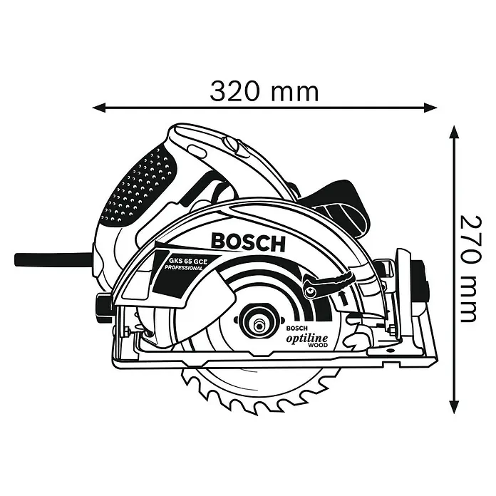 Bosch Professional Handkreissäge GKS 65 GCE - 1.800 W, Durchmesser Sägeblatt: 190 mm, Schnitttiefe bei 90 °: 65 mm - Abbildung einer Bosch GKS 65 GCE Professional Kreissäge mit den Maßen 320 mm x 270 mm.