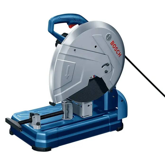 Bosch Professional Trennschneider GCO 14-24 J - 2.400 kW, Leerlaufdrehzahl: 3.800 U/min, Durchmesser Scheibe: 355 mm - Eine blaue Bosch Metalltrennsäge vor einem schwarzen Hintergrund.
