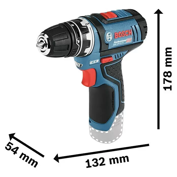 Bosch Professional Taladro atornillador de batería GSR 12V-15 FC - 12 V, Sin batería, 30 Nm - Taladro atornillador sin cable Bosch Professional azul y negro, dimensiones: 178mm alto, 132mm largo, 54mm ancho.
