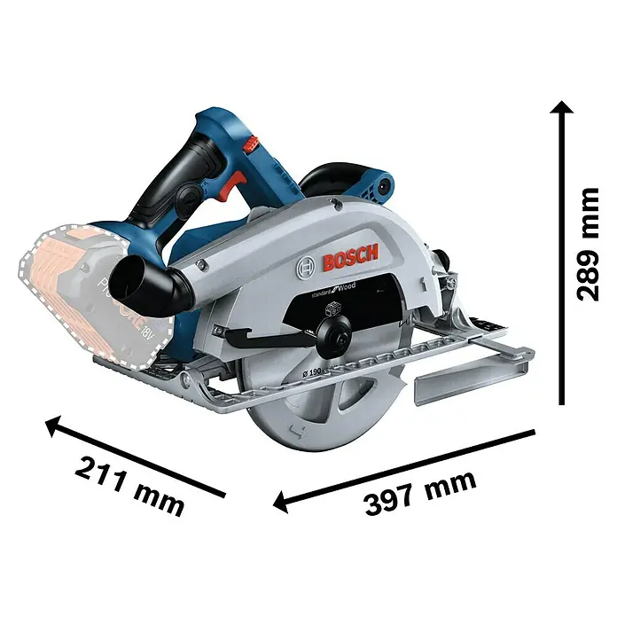 Bosch Professional AMPShare 18V Akku-Handkreissäge GKS 18V-68 C - 18 V, Ohne Akku, Durchmesser Sägeblatt: 190 mm, 0 U/min - 5.000 U/min, Ohne L-Boxx - Abbildung einer Bosch Akku-Kreissäge, die ihre kompakten Maße hervorhebt. Ideal für präzise Holzarbeiten mit hoher Leistung.
