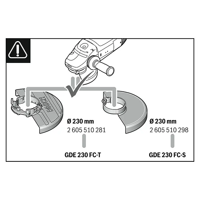 Bosch Professional Absaugvorrichtung GDE 230 FC-T - Passend für: Bosch Winkelschleifer GWS-Serie mit Ø 230 mm - Abbildung von zwei Schutzvorrichtungen für Winkelschleifer, GDE 230 FC-T und GDE 230 FC-S, mit Größenangabe Ø 230 mm und Artikelnummern.