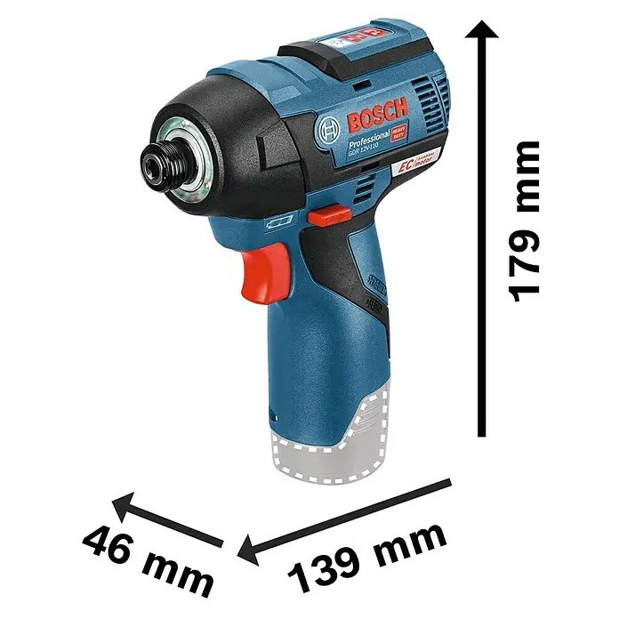 Bosch Professional AMPShare 18V Akku-Drehschlagschrauber GDR 12V-110 - 12 V, Ohne Akku - Abbildung eines Bosch Professional GDR 12V-110 Akku-Schlagschraubers mit Größenangaben. Der Schrauber ist blau und schwarz mit rotem Auslöser.