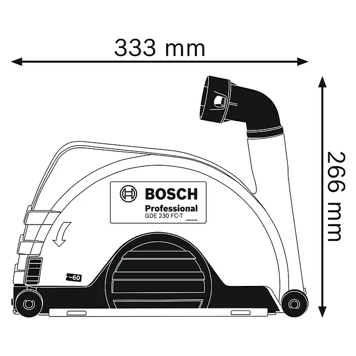 Bosch Professional Absaugvorrichtung GDE 230 FC-T - Passend für: Bosch Winkelschleifer GWS-Serie mit Ø 230 mm - Abbildung des Bosch GDE 230 FC-T Professional Staubabsaugung, mit Maßangaben zu Länge und Höhe dargestellt.