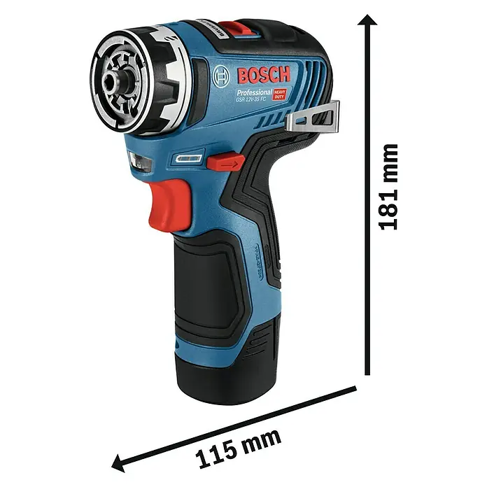 Bosch Professional Akku-Bohrschrauber GSR 12V-35 FC - 12 V, Ohne Akku, 35 Nm, Inkl. 3 Aufsätze - Abbildung eines blauen Bosch Professional GSR 12V-35 FC Akku-Bohrschraubers mit Größenangaben für Höhe und Länge.