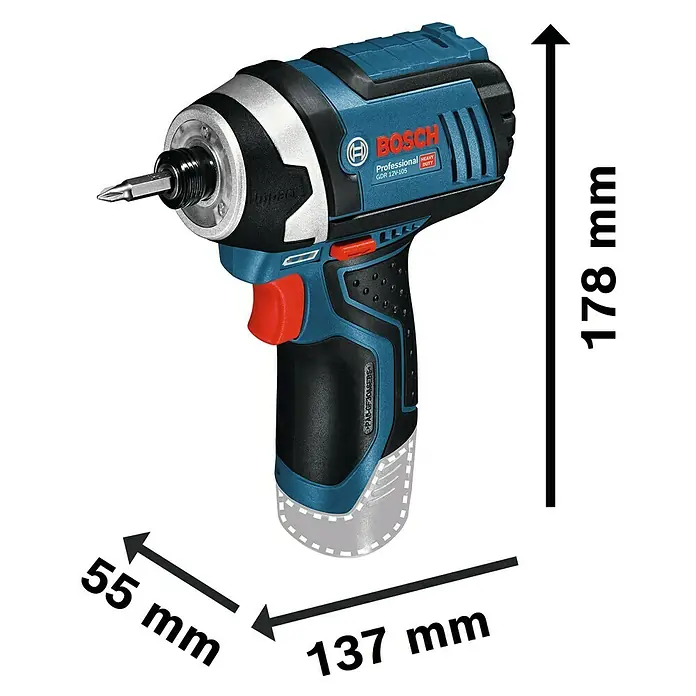 Bosch Professional Akku-Drehschlagschrauber - 12 V, Ohne Akku - Abbildung eines Bosch Professional GDR 12V-105 Akku-Schlagschraubers mit Größenangaben.