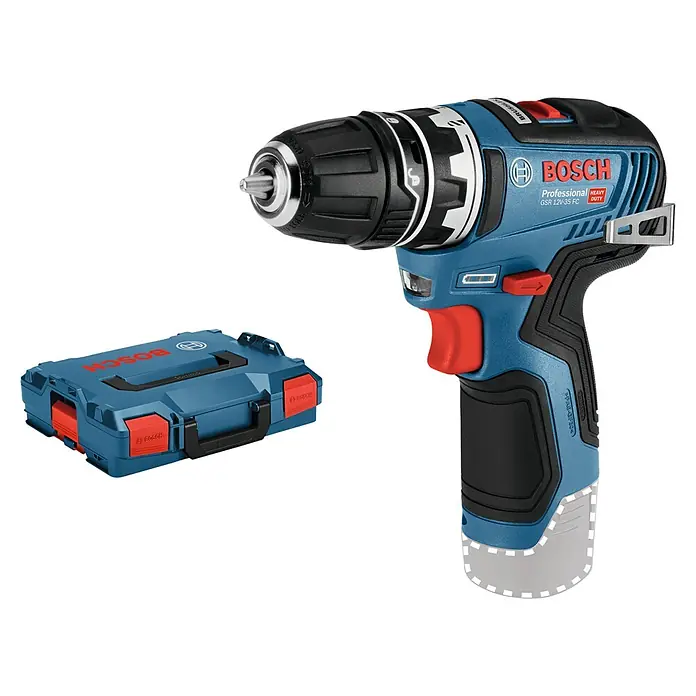 Bosch Professional Akku-Bohrschrauber GSR 12V-35 FC - 12 V, Ohne Akku, 35 Nm, Ohne 3 Aufsätze - Abbildung eines Bosch Professional GSR 12V-35 FC Akku-Bohrschraubers mit Zubehörkoffer, ideal für Profis, die Wert auf Leistung und Flexibilität legen.
