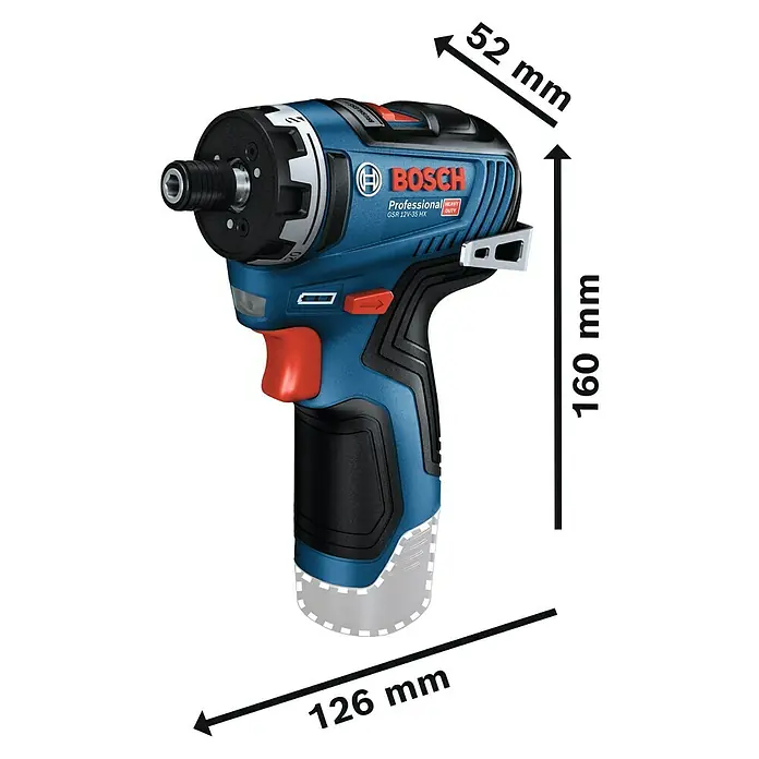 Bosch Professional Akku-Bohrschrauber GSR 12V-35 HX - 12 V, Ohne Akku - Abbildung des Bosch Professional GSR 12V-35 HX Akku-Bohrschraubers mit Größenangaben.