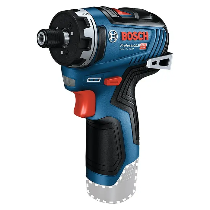 Bosch Professional Akku-Bohrschrauber GSR 12V-35 HX - 12 V, Ohne Akku - Nahaufnahme des Bosch GSR 12V-35 HX Akku-Bohrschraubers, ideal für schwere Arbeiten. Kompaktes Design mit robuster Bauweise.
