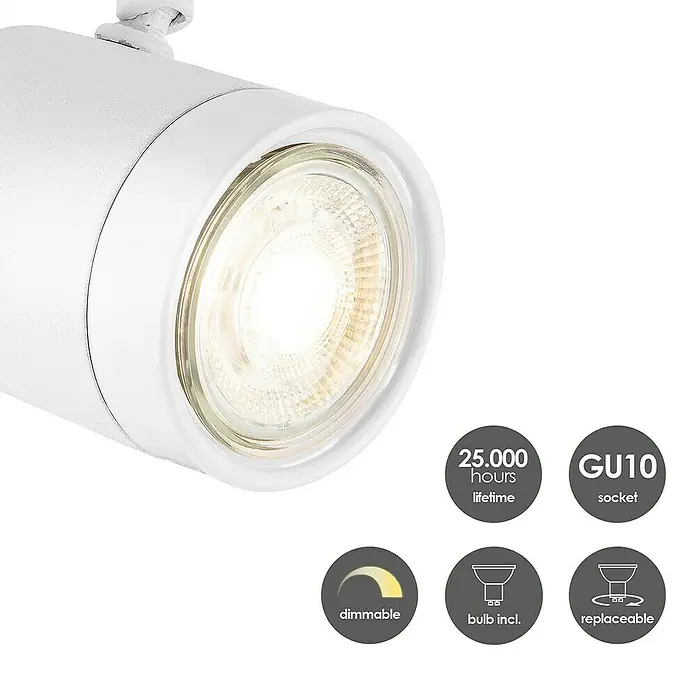 Home Sweet Home LED-Wandstrahler Manu - 5,8 W, L x B x H: 9,5 x 39 x 15 cm, Sandweiß, Warmweiß, 3 Stk. - Nahaufnahme einer weißen GU10-Spotleuchte mit Informationen zu Lebensdauer, Dimmbarkeit, Fassung und Austauschbarkeit.