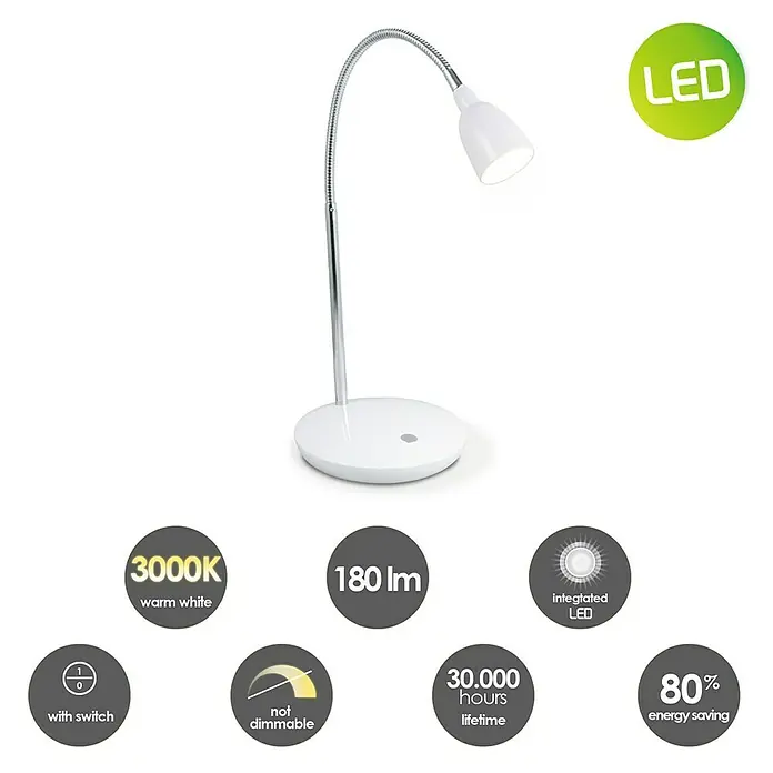 LED-Tischleuchte Flexy - 2,5 W, L x B x H: 16 x 16 x 41,5 cm, Weiß, Warmweiß - Bild einer LED-Schreibtischlampe mit warmweißem Licht, 3000K, 180 lm Lichtstrom, 30.000 Stunden Lebensdauer und 80% Energieeinsparung.