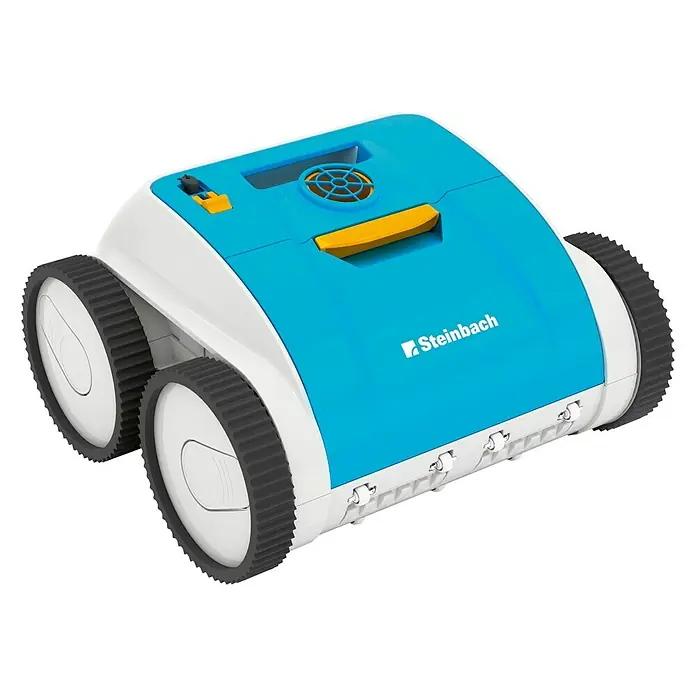 Steinbach Poolroboter - Geeignet für: Alle Beckenformen, 10.000 l/h - Nahaufnahme eines Steinbach Poolreinigungsroboters mit blau-weißer Farbgebung und vier Rädern.
