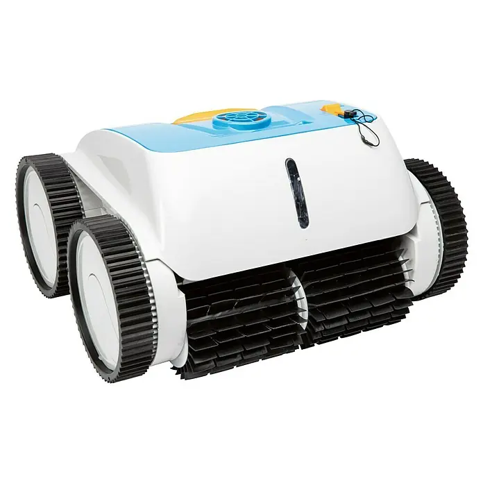 Steinbach Poolroboter - Geeignet für: Alle Beckenformen, 10.000 l/h - Automatischer Poolreiniger mit Bürsten und Rädern. Das Gerät ist weiß mit blauen und gelben Akzenten für eine optimale Poolreinigung.