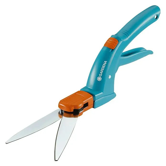 Gardena Grasschere drehbar - Material Klinge: Geschliffene Schneide - Abbildung einer GARDENA Grasschere mit blauem Griff und orangefarbenen Akzenten vor schwarzem Hintergrund.