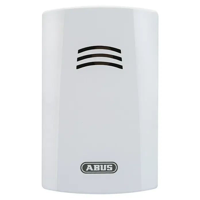 Abus Wassermelder HSWM10000 - Weiß, L x B x H: 35 x 60 x 102 mm - ABUS Sicherheitsprodukt: Weiße ABUS-Einheit mit drei Schlitzen und Firmenlogo, ideal für erhöhte Sicherheit und Schutz.