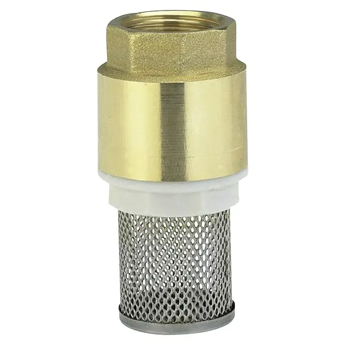 Gardena Rückschlagventil Messing-Fußventil - 42 mm (G  1 ¼″) - Produktabbildung eines Messing-Fußventils mit Sieb, das für Wasserpumpen und Sanitäranwendungen verwendet wird.\n