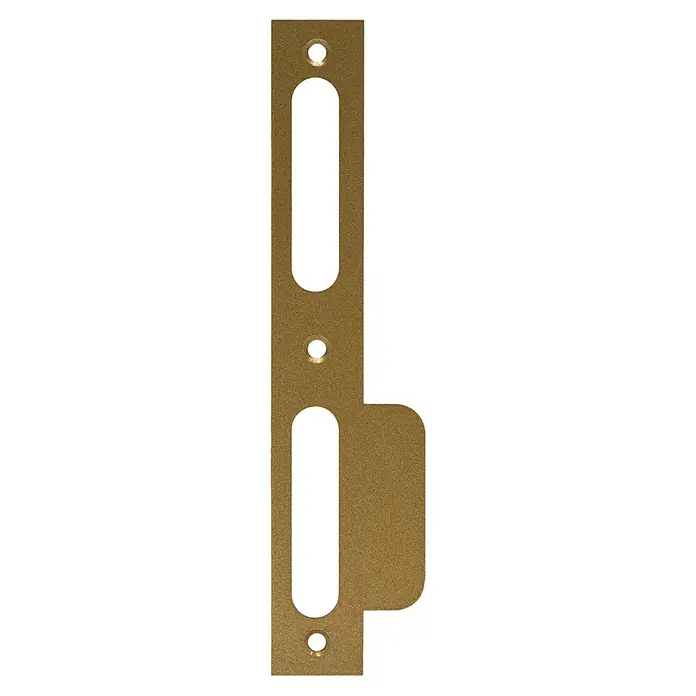 Abus Lappenschließblech LSB170 - DIN Anschlag: DIN-L, L x B: 170 x 24 mm, Gold - Abgebildet ist eine goldfarbene Schließplatte. Die Schließplatte besitzt längliche Aussparungen und Löcher zur Befestigung an einem Türrahmen.