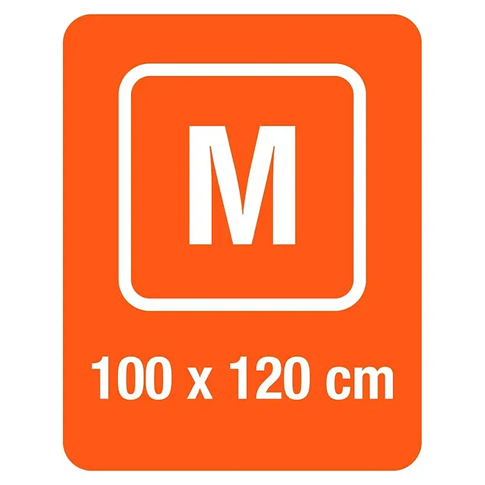 Gardena Pflanzmatte City Gardening - 100 x 120 cm - Produktbild: Orangefarbenes Etikett mit weißem "M" in einem abgerundeten Quadrat und "100 x 120 cm" für die Produktgrößenangabe.