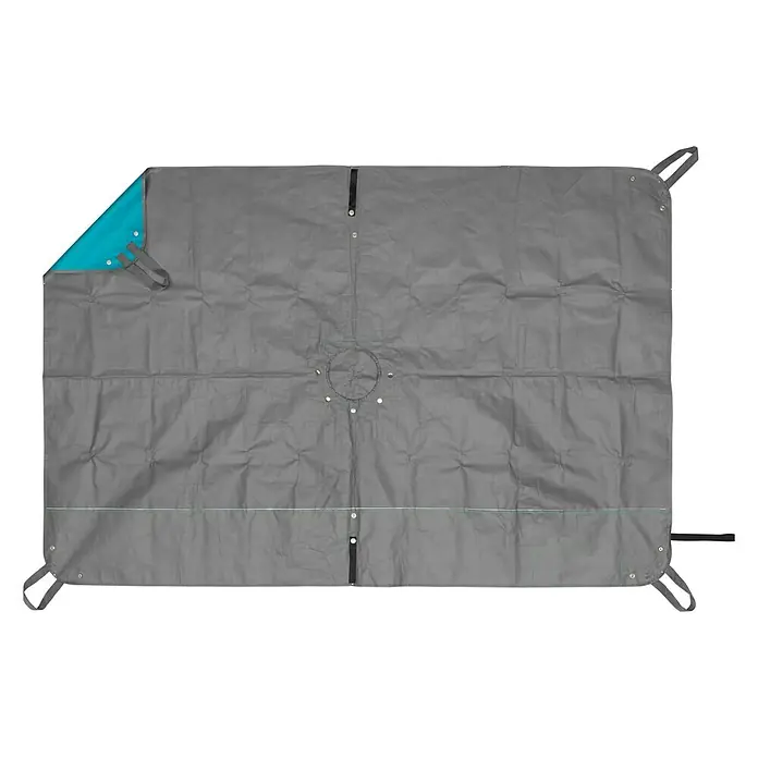Gardena Pflanzmatte City Gardening - 120 x 180 cm - Graue Zeltunterlage mit blauer Ecke, ausgestattet mit Befestigungsschlaufen und zentraler Öffnung für eine optimale Zeltplatzvorbereitung.