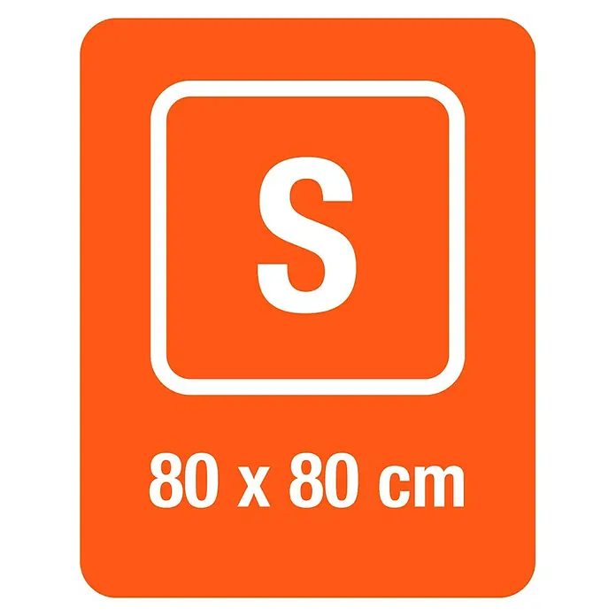 Gardena Pflanzmatte City Gardening - 80 x 80 cm - Etikett für ein Produkt der Größe S mit den Maßen 80 x 80 cm. Das Etikett ist orange mit weißer Schrift und einem weißen Rahmen.