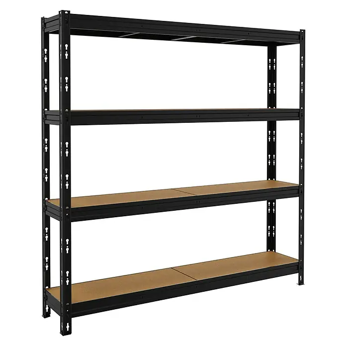 Schwerlastregal MAXI-POKER - H x B x T: 180 x 180 x 35 cm, Traglast pro Boden: 300 kg, Anzahl Böden: 4 Stk., Stecken, Schwarz - Aufnahme eines Metallregals mit vier Regalböden und einem schwarzen Rahmen vor einem schwarzen Hintergrund.